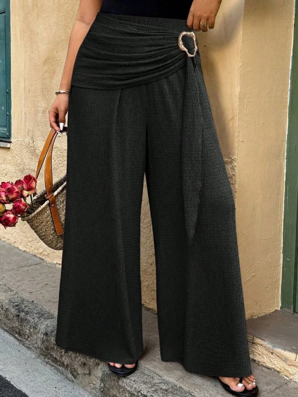 Black Casual Women's High Waist Ruched Ring Textured Knit Flare Leg Pants